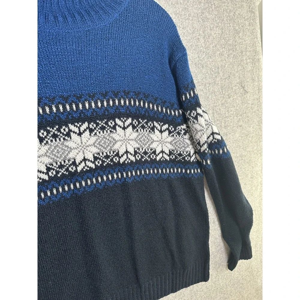 Vintage Carolyn Taylor Sweater XL Fair Isle Blue White Long Sleeve Turtleneck